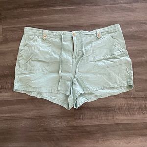 Plus size shorts, lightweight linen, light teal, tie waist, size 24